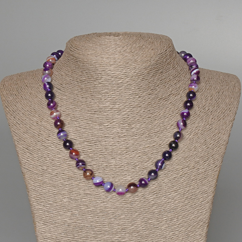 Necklace Agate Purple, natural stone, smooth bead, diameter 8mm+/-, length 47cm+