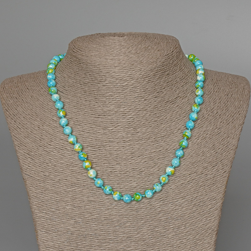 "Variscite" Necklace (imitation acrylic) blue, white and yellow colours, smooth bead, diameter 6.5mm+-, length 48cm+