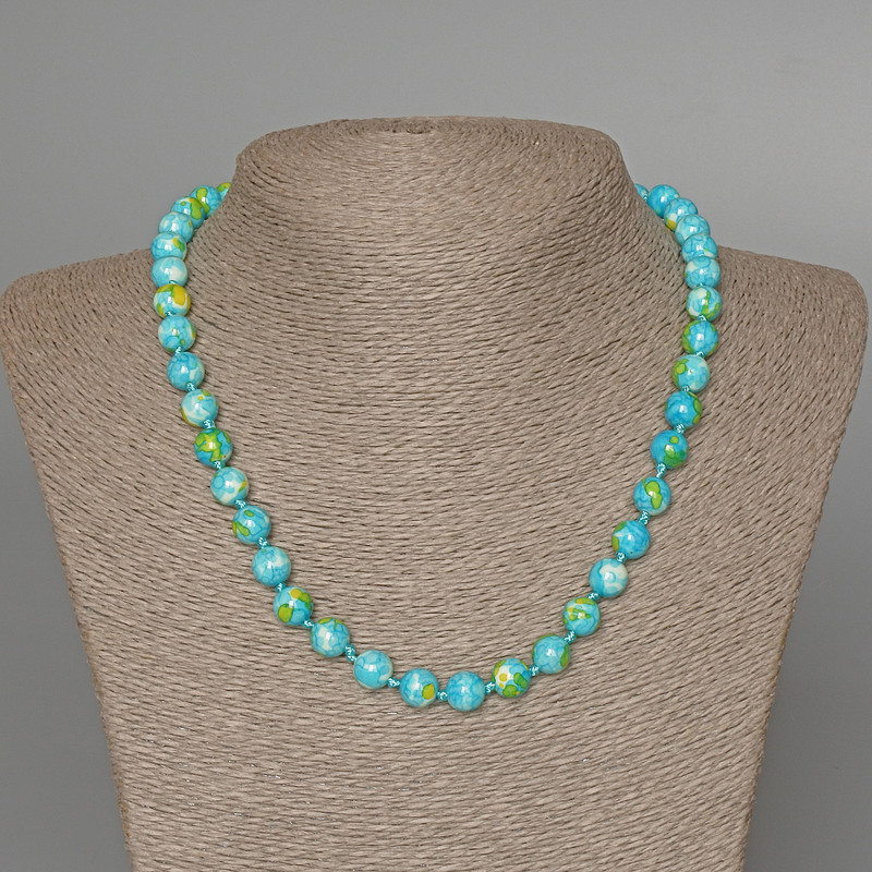 "Variscite" Necklace (imitation acrylic) blue, white and yellow colours, smooth bead, diameter 8.5mm+-, length 48cm+
