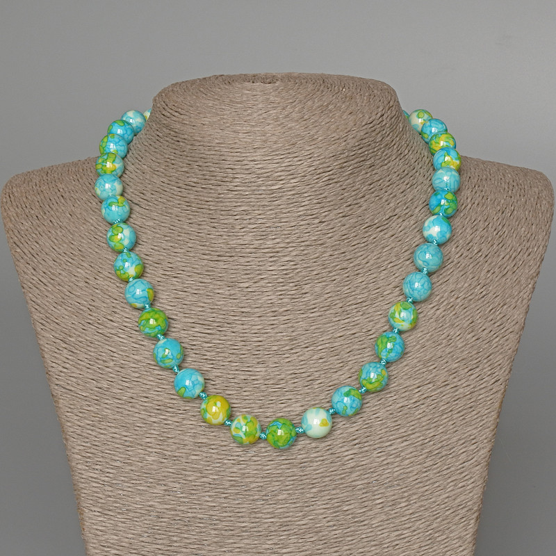 "Variscite" Necklace (acrylic imitation), blue, white and yellow colours, smooth round beads, diameter 10mm+/-, length 48cm+