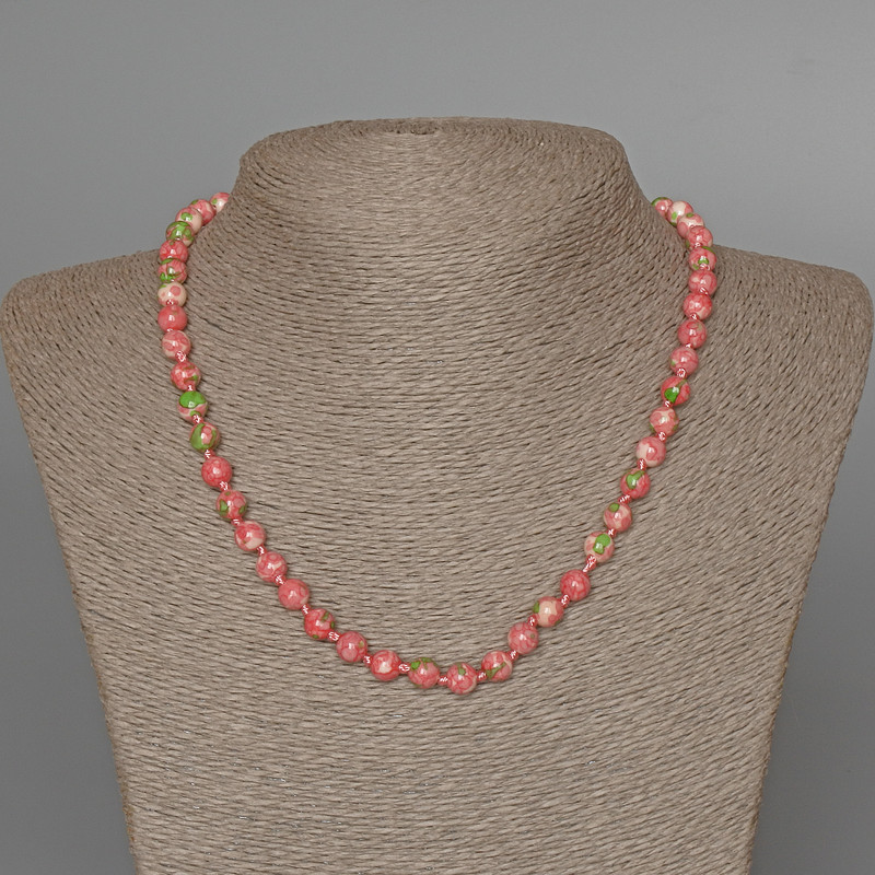 "Variscite" Necklace (imitation acrylic) pink, white and green colours, smooth bead, diameter 6.5mm+-, length 48cm+