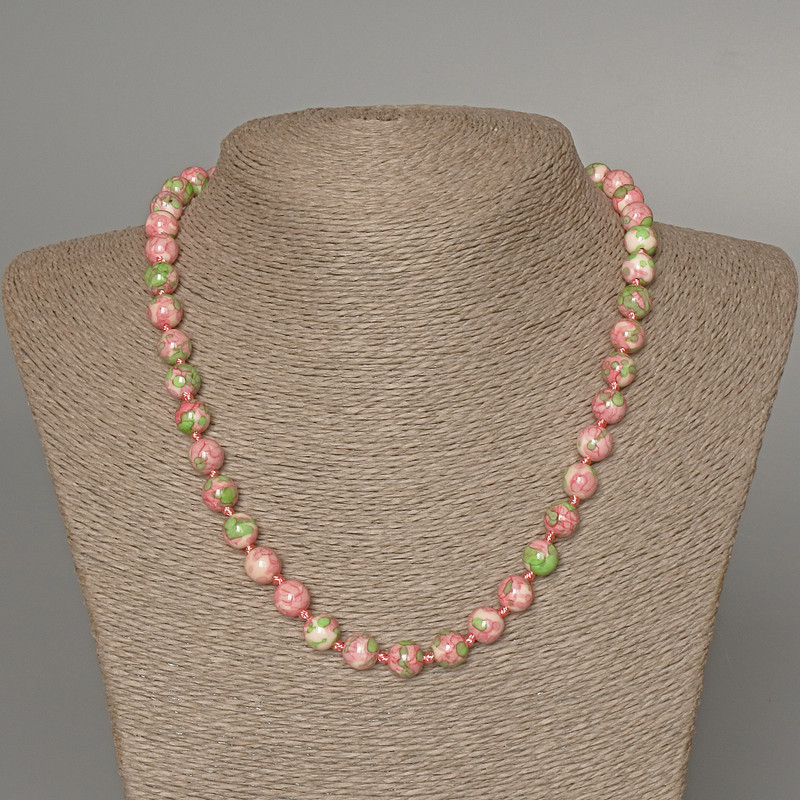 "Variscite" Necklace (imitation acrylic) pink, white and green colours, smooth bead, diameter 8.5mm+-, length 48cm+