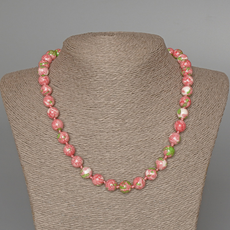 "Variscite" Necklace (imitation acrylic) pink, white and green colours, smooth bead, diameter 10mm+-, length 49cm+