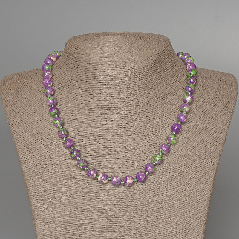 "Variscite" Necklace (imitation acrylic) purple, white and green colours, smooth bead, diameter 8.5mm+-, length 47cm+