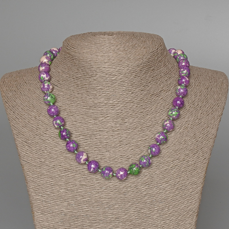"Variscite" Necklace (imitation acrylic) purple, white and green colours, smooth bead, diameter 10.5mm+-, length 47cm+