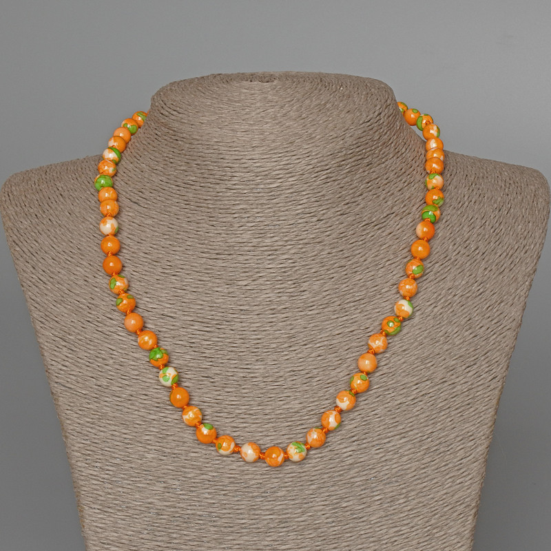"Variscite" Necklace (imitation acrylic) green, orange and white colours, smooth bead, diameter 7mm+-, length 47cm+