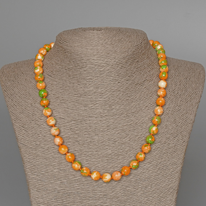 "Variscite" Necklace (Acrylic Imitation), Green, Orange and White, Smooth Round Bead, Diameter 8.5mm+/-, Length 47cm+