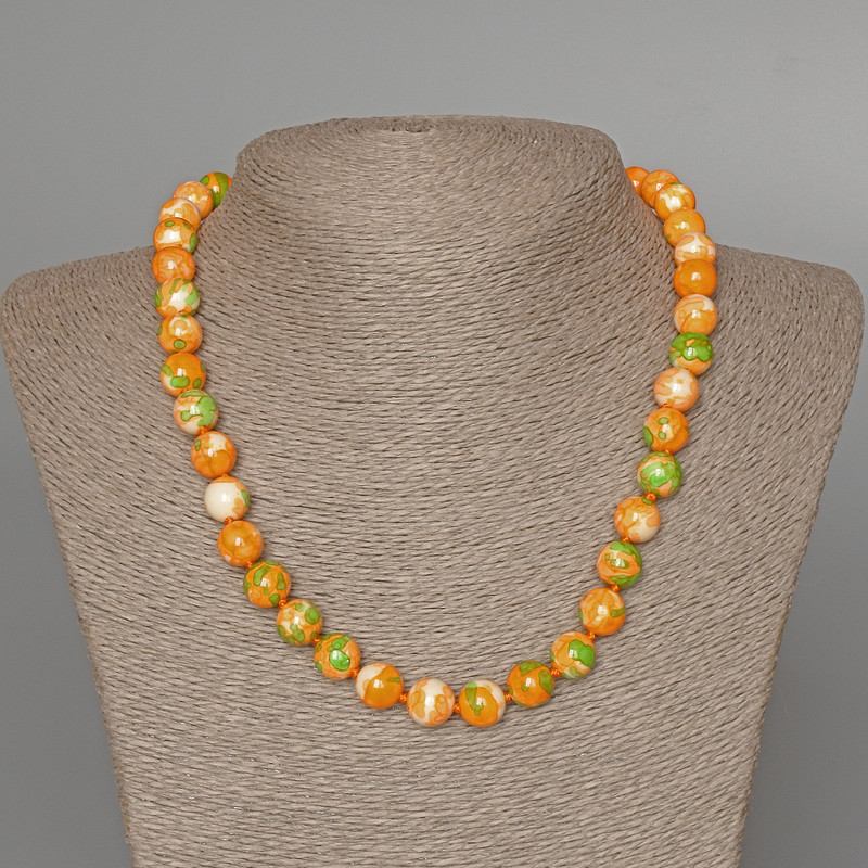 "Variscite" Necklace (imitation acrylic), green, orange and white colours, smooth round beads, diameter 10mm+/-, length 47cm+