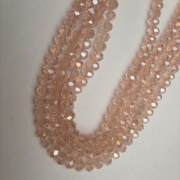 Czech Crystal Beads, Light Pink Transparent Faceted Rondelle with Petrol Tint, Diameter 8x6mm+-, Length 39mm+- on Fishing Line