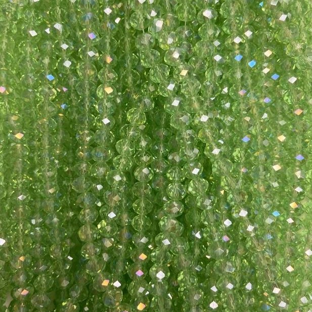 Czech Crystal Beads, Light Green Faceted Rondelle with Petrol Coating, Diameter 6x5mm+-, Length 42mm+- on Fishing Line