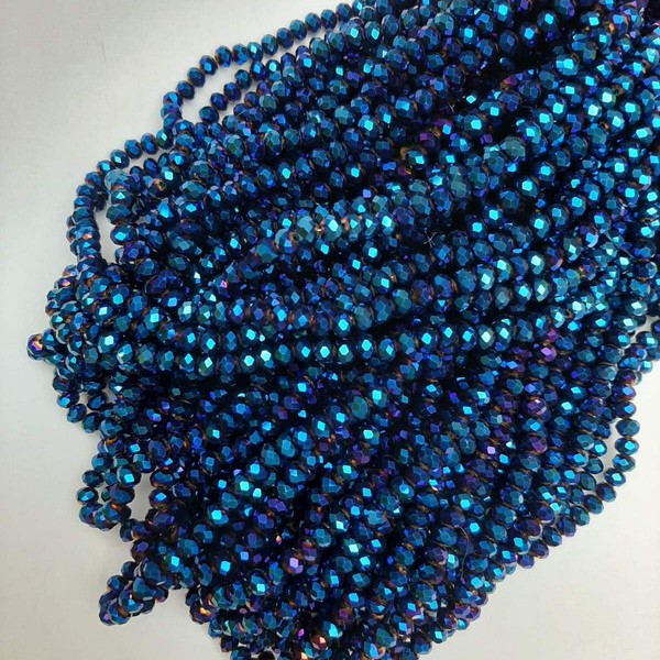 Czech Crystal Beads Blue with "Petrol" Tint Faceted Rondelle, Diameter 6x4.5mm+-, Length 38mm+- on Fishing Line