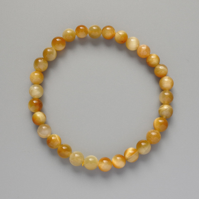 Yellow Cat's Eye Bracelet, natural stone smooth round bead, diameter 6.5mm+/-, length 18cm+/- (stretch)