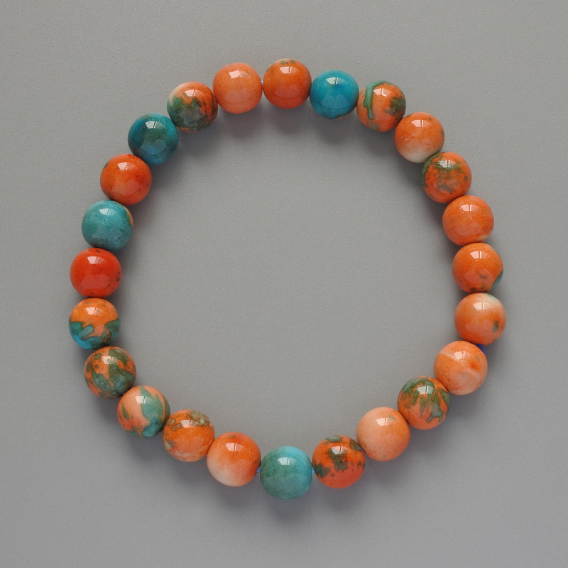 Bracelet "Variscite" (imitation acrylic) orange, blue and white colours, smooth bead, diameter 8.5mm+/-, length 18cm+/- (stretch)