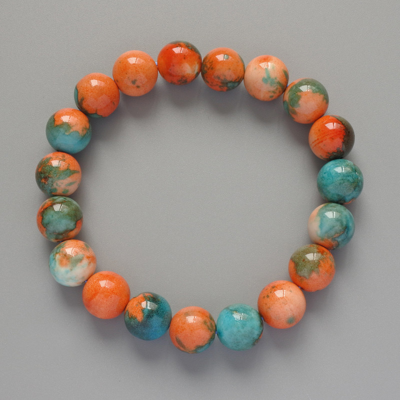 Bracelet "Variscite" (imitation acrylic) orange, blue and white colours, smooth bead, diameter 10mm+/-, length 18cm+/- (stretch)