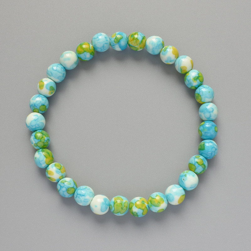 "Variscite" Bracelet (Acrylic), Blue, White and Yellow Colours, Smooth Bead, Diameter 6.5mm+-, Length 18cm+- (Stretch)