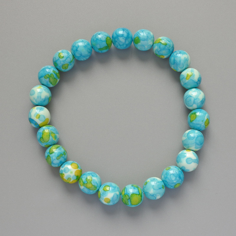 "Variscite" Bracelet (Acrylic), Blue, White and Yellow Colours, Smooth Bead, Diameter 8.5mm+-, Length 18cm+- (Stretch)