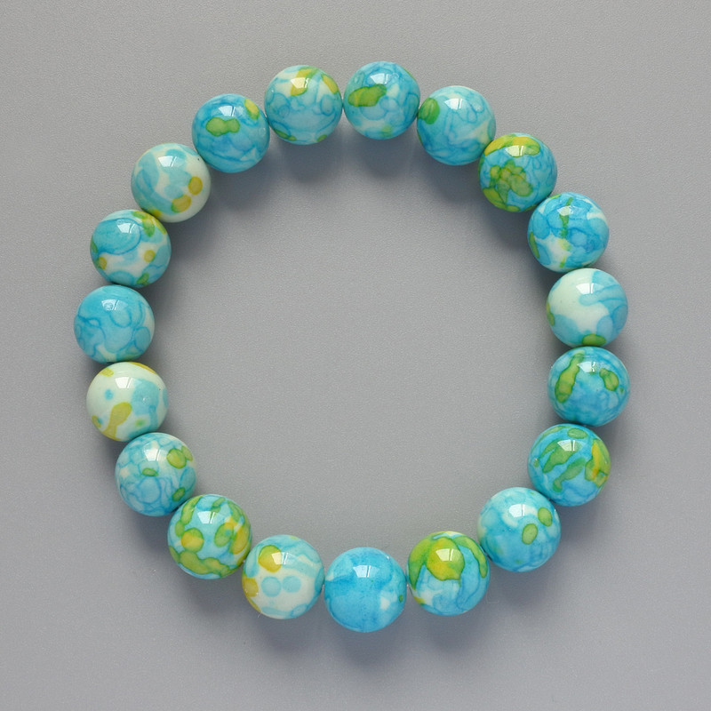 "Variscite" Bracelet (Acrylic), Blue, White and Yellow Colours, Smooth Bead, Diameter 10mm+-, Length 18cm+- (Stretch)