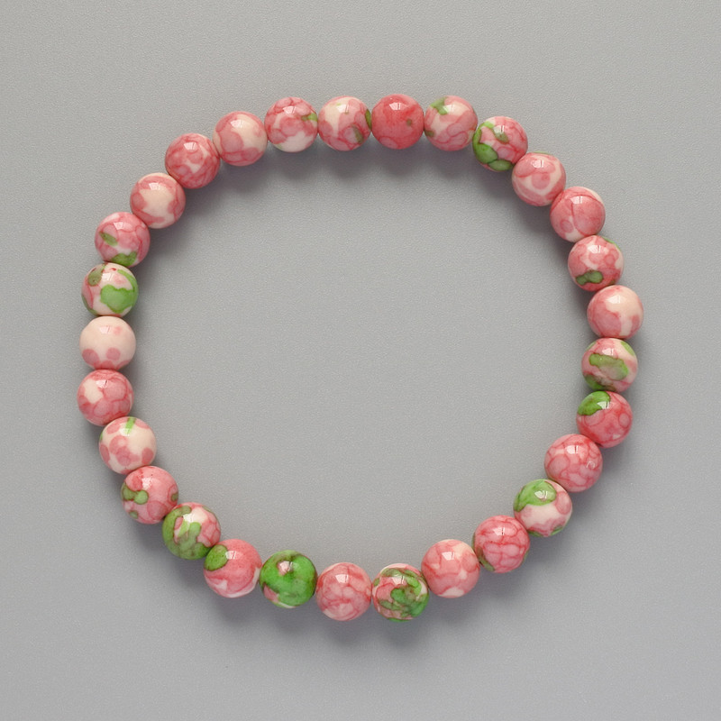 "Variscite" Bracelet (Acrylic), Pink, White and Green Colours, Smooth Bead, Diameter 6.5mm+-, Length 18cm+- (Stretch)