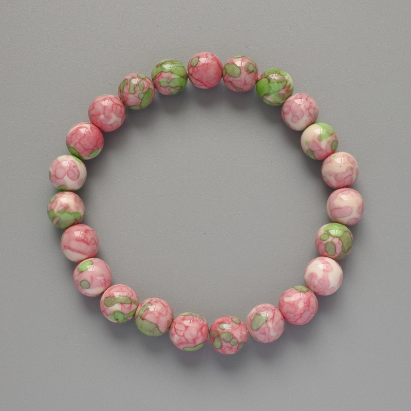 "Variscite" Bracelet (Acrylic), Pink, White and Green Colours, Smooth Bead, Diameter 8.5mm+-, Length 18cm+- (Stretch)