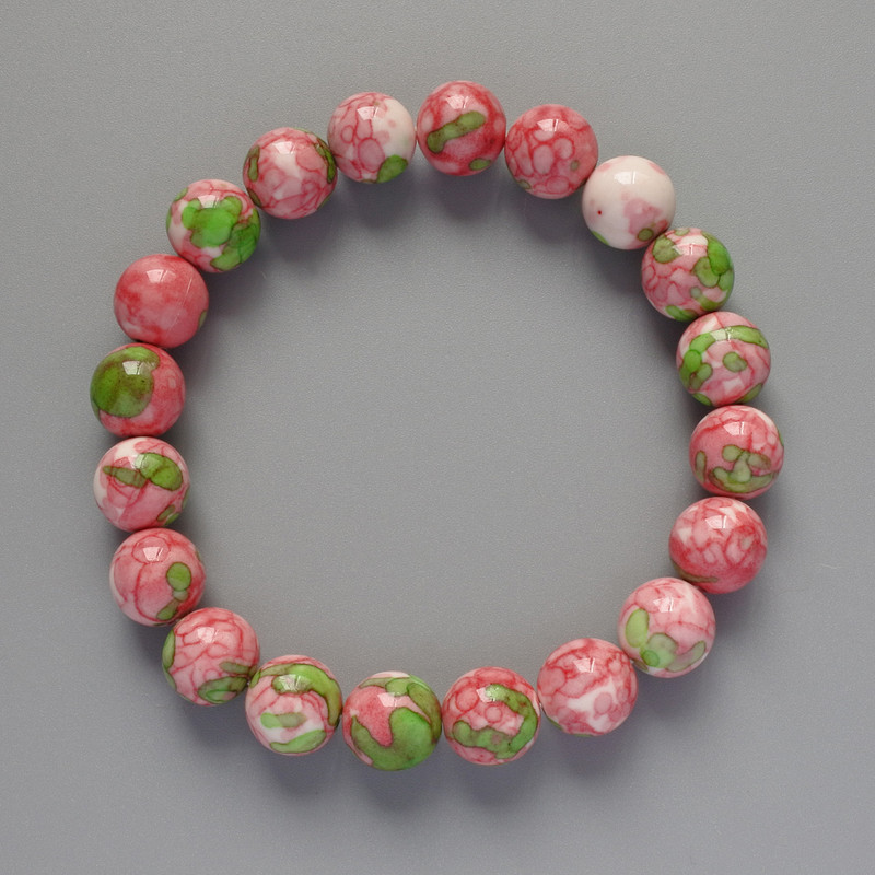"Variscite" Bracelet (Acrylic), Pink, White and Green Colours, Smooth Bead, Diameter 10mm+-, Length 18cm+- (Stretch)