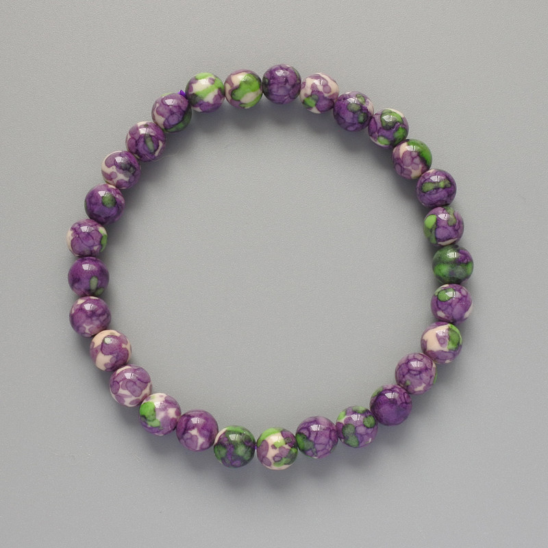 "Variscite" Bracelet (Acrylic), Violet, White and Green Colours, Smooth Bead, Diameter 6.5mm+-, Length 18cm+- (Stretch)