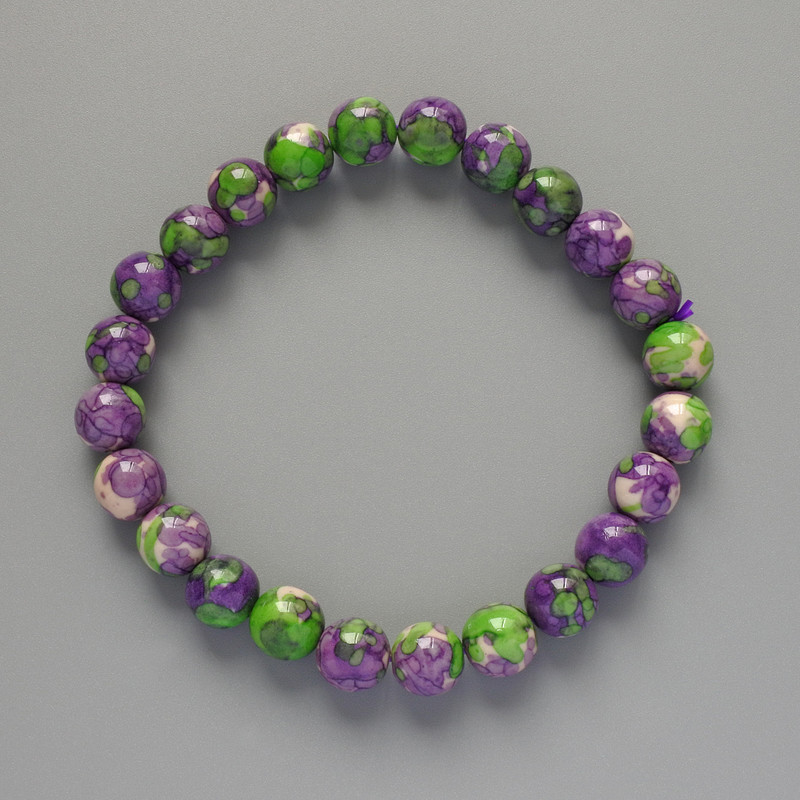 "Variscite" Bracelet (Acrylic), Violet, White and Green Colours, Smooth Bead, Diameter 8.5mm+-, Length 18cm+- (Stretch)