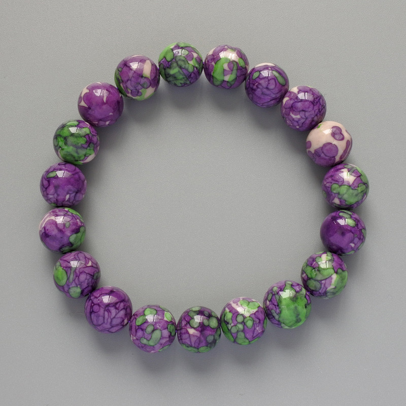 "Variscite" Bracelet (Acrylic), Violet, White and Green Colours, Smooth Bead, Diameter 10.5mm+-, Length 18cm+- (Stretch)