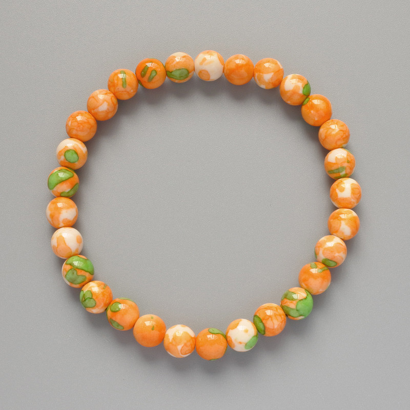 "Variscite" Bracelet (Acrylic), Green, Orange and White Colours, Smooth Bead, Diameter 7mm+-, Length 18cm+- (Stretch)