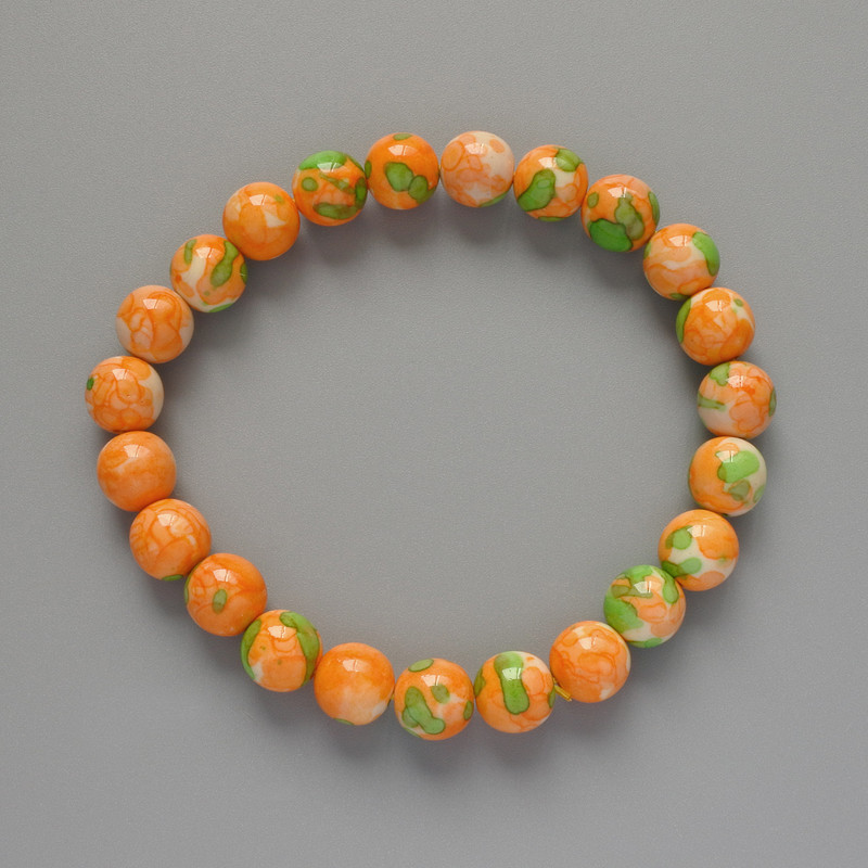 "Variscite" Bracelet (Acrylic), Green, Orange and White Colours, Smooth Bead, Diameter 8.5mm+-, Length 18cm+- (Stretch)