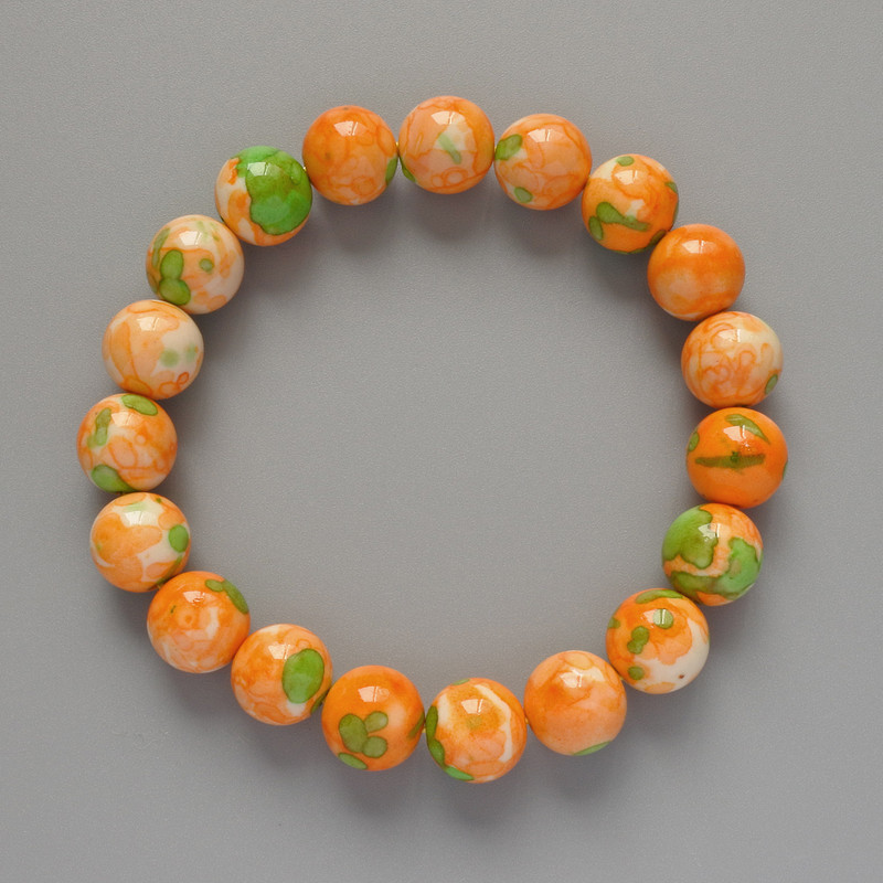 "Variscite" Bracelet (Acrylic), Green, Orange and White Colours, Smooth Bead, Diameter 10mm+-, Length 18cm+- (Stretch)