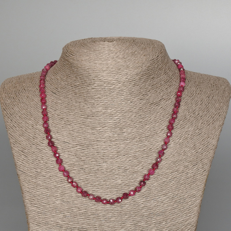 Ruby Natural Stone Necklace, Faceted Cube, Diameter 4mm+/-, Length 50cm+