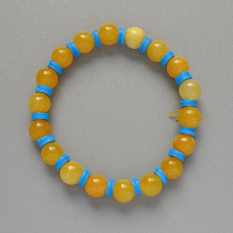 "Ukraine" Citrine Bracelet, Smooth Bead, Diameter 8.5mm+/-, Length 18cm+/- (stretch), with Polymer Clay Inserts