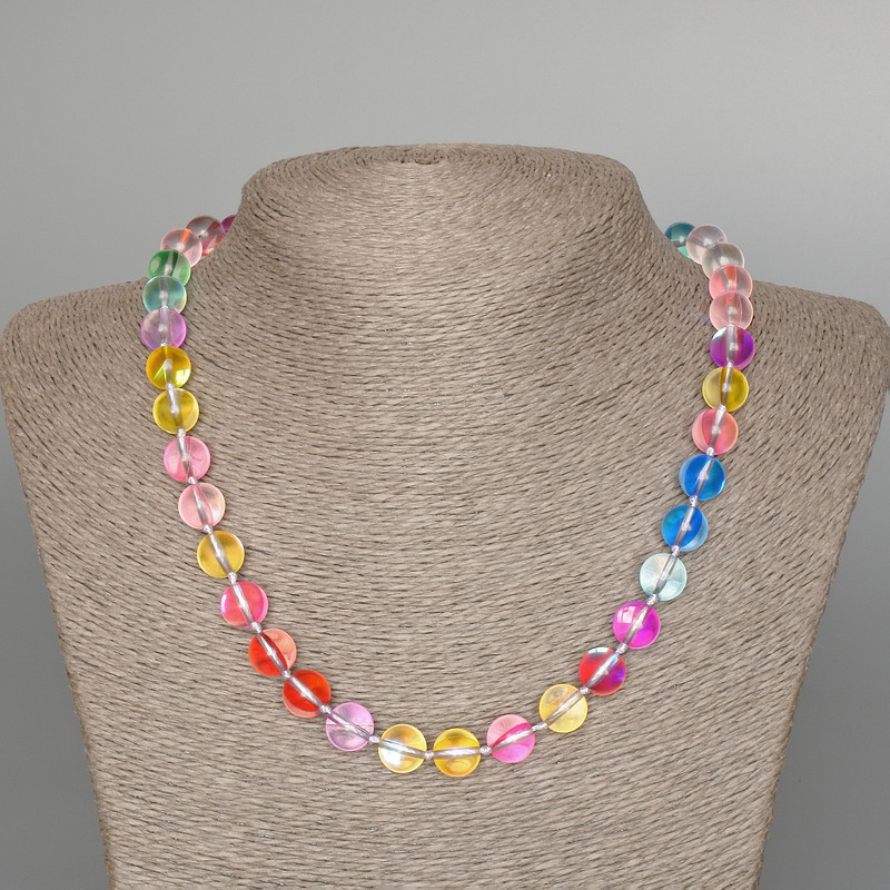 Opal Glass Necklace, multicolour, smooth round, diameter 10mm +/-, length 49cm +