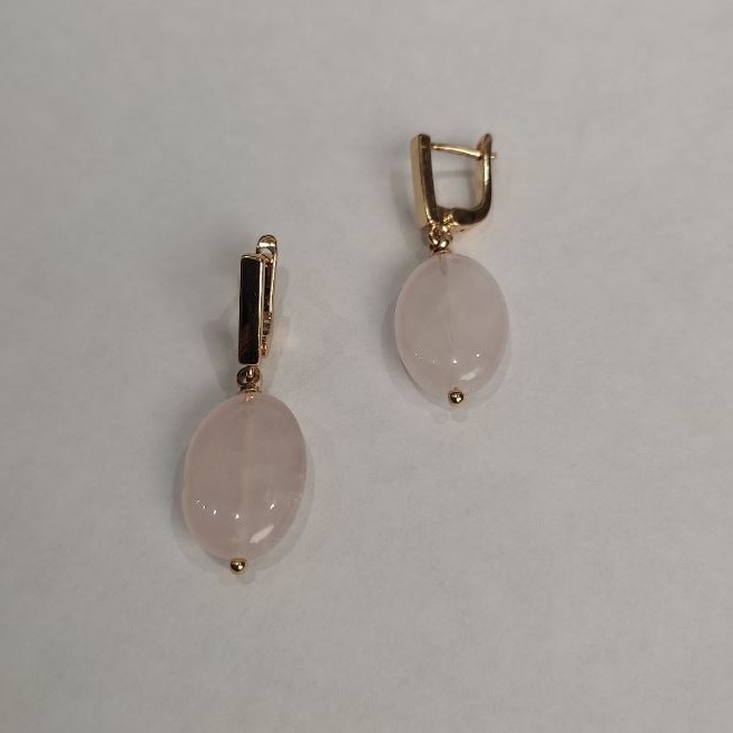 Pink Quartz Earrings, Oval, Diameter 13x18mm+/-, English Lock, Length 36mm+