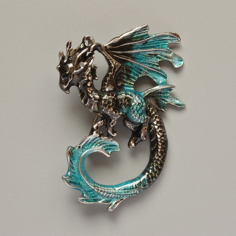 Dragon Brooch Pendant, Black & Turquoise Enamel with Glitter, Silver-Toned Metal, 42x58mm