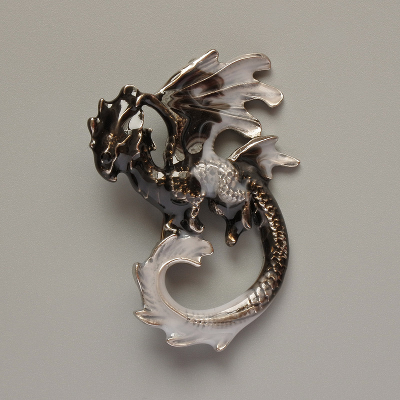 Dragon Brooch Pendant, Black & Grey Enamel, Silver-Toned Metal, 42x58mm