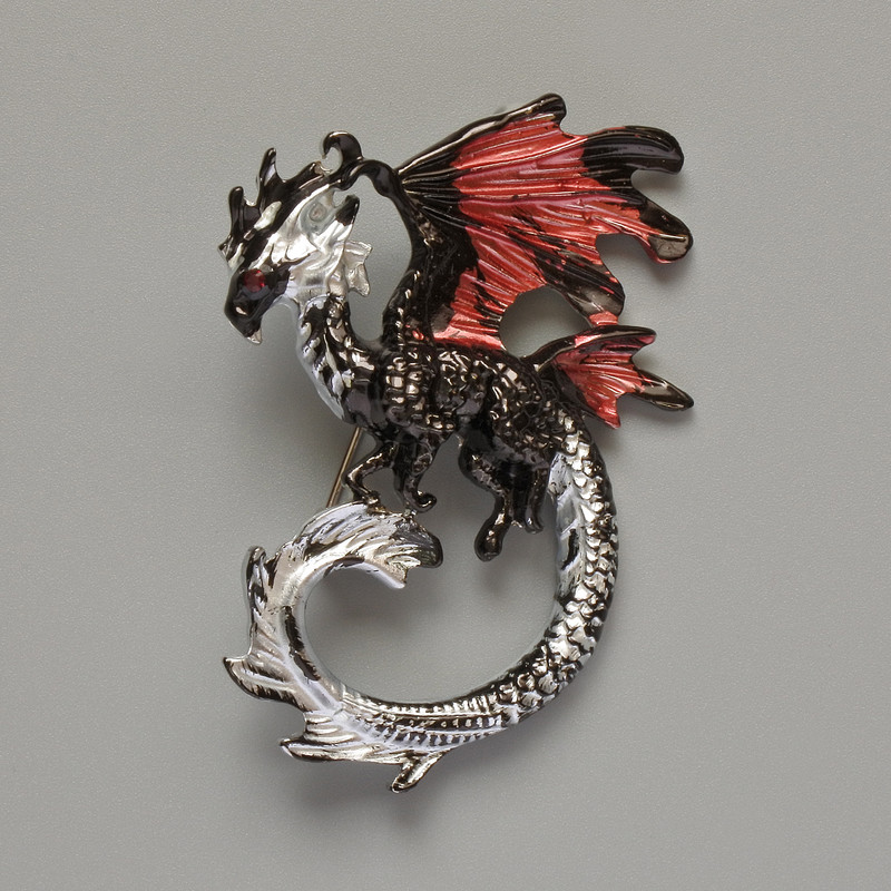 Dragon Brooch Pendant, Burgundy, Black & Grey Enamel, Silver-Toned Metal, 42x58mm