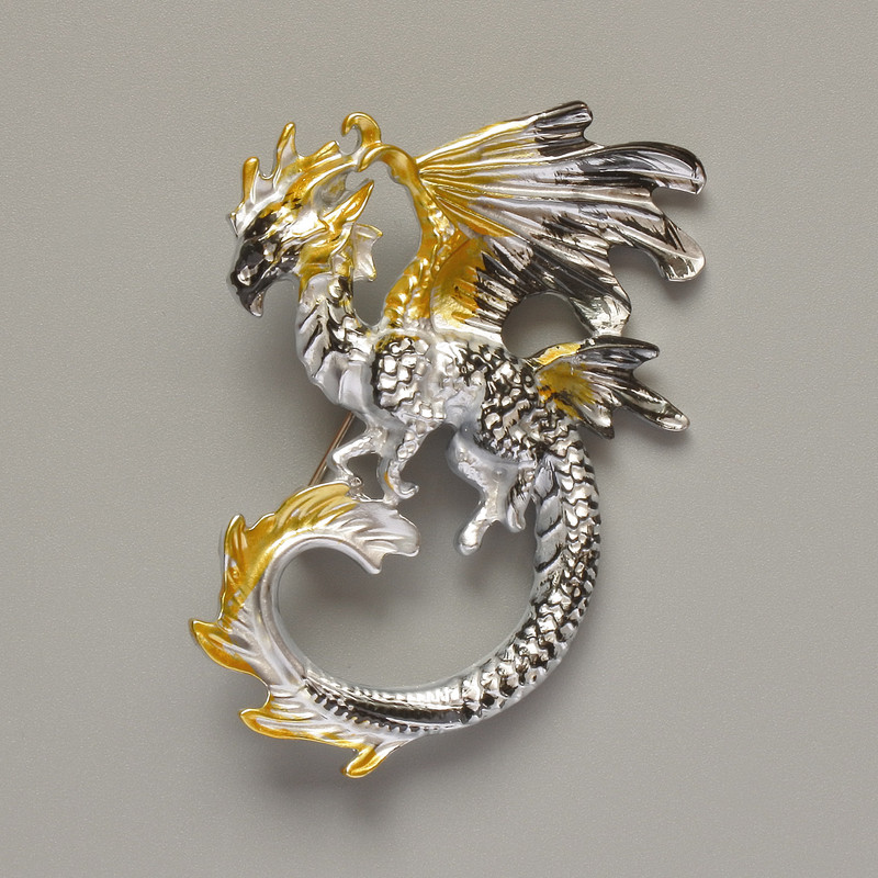Brooch Pendant Dragon Yellow, Black and Grey Matte Enamel Silver-tone Metal 42x58mm