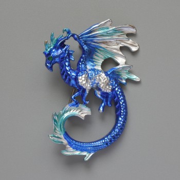 Brooch Pendant Dragon Blue and Grey Matte Enamel Silver-tone Metal 42x58mm