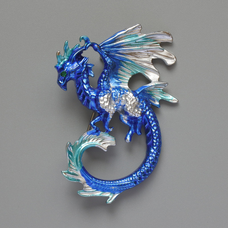 Brooch Pendant Dragon Blue and Grey Matte Enamel Silver-tone Metal 42x58mm