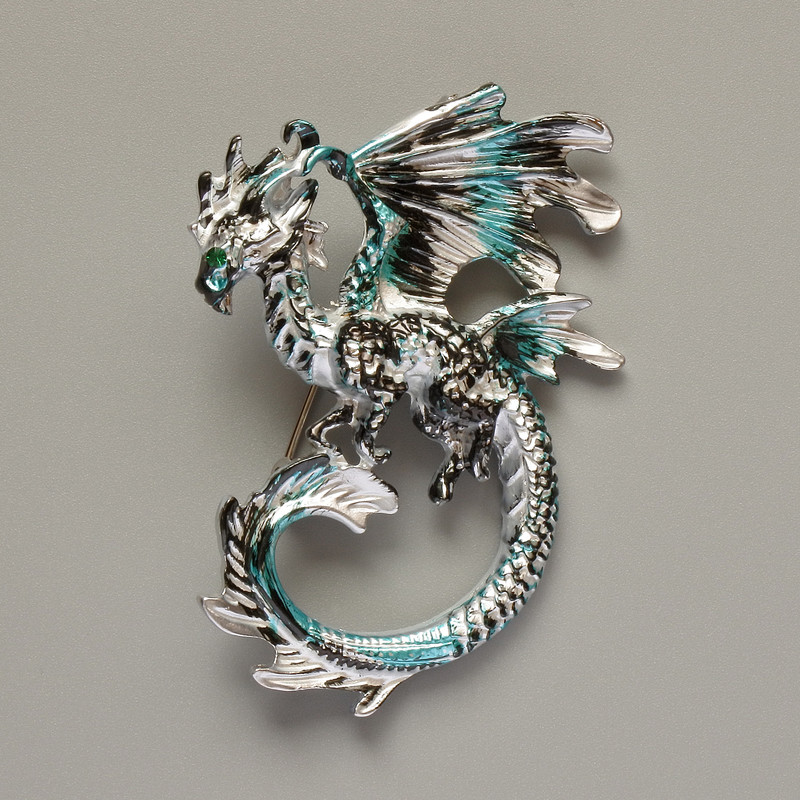 Dragon Brooch Pendant, Blue, Black & Grey Matte Enamel, Silver-Toned Metal, 42x58mm