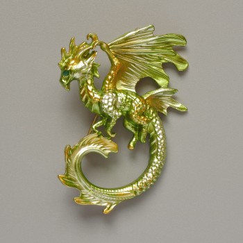 Brooch Pendant Dragon Light Green Matte Enamel Gold-tone Metal 42x58mm