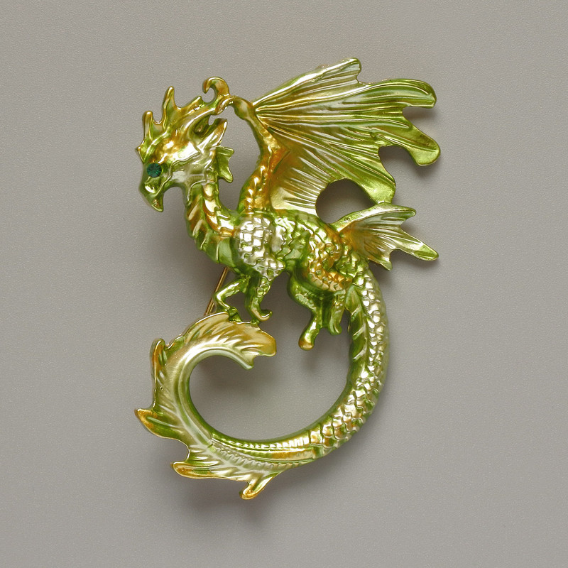 Brooch Pendant Dragon Light Green Matte Enamel Gold-tone Metal 42x58mm