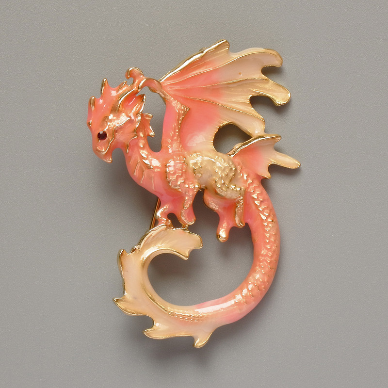 Brooch Pendant Dragon Pink and Beige Enamel Gold-tone Metal 42x58mm