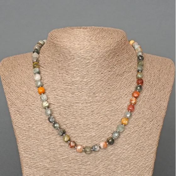 Assorted Natural Stone Necklace, Faceted Cube, Diameter 7mm+-, Length 49cm+