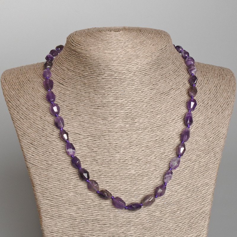 Amethyst Necklace, natural stone, multi-faceted beads, diameter 8x10mm+/-, length 49cm+