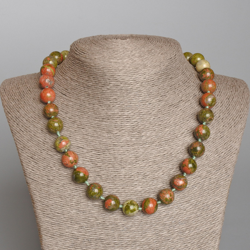 Heliotrope Jasper Necklace, natural stone, smooth round beads, diameter 12.5mm+/-, length 50cm+