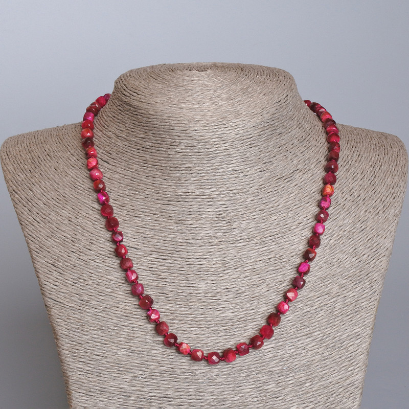 Raspberry Cat's Eye Necklace, Natural Stone Faceted Cube, diameter 5x5mm+-, length 49cm+