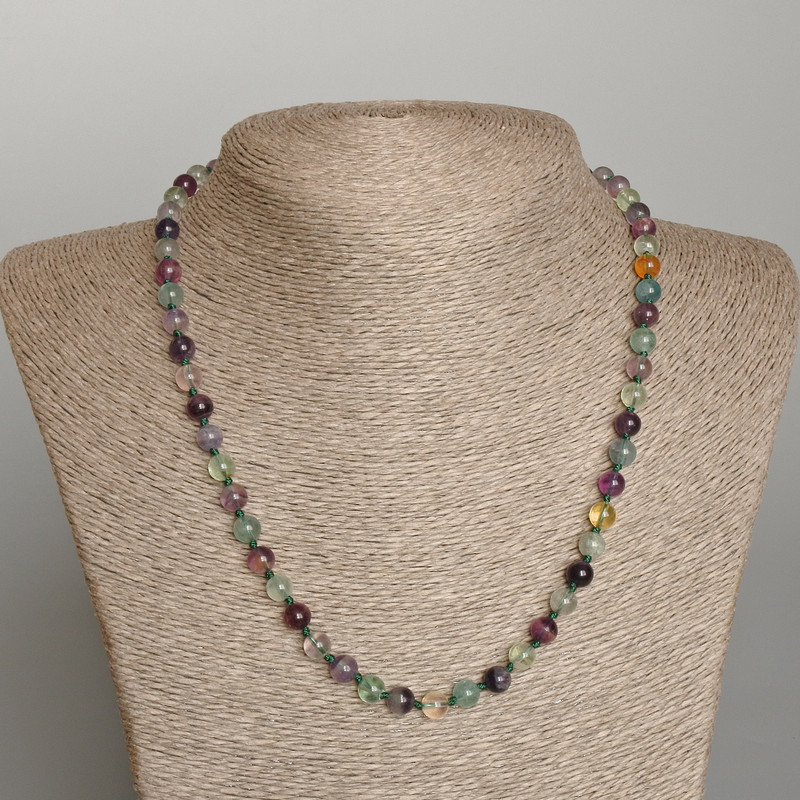 Fluorite Natural Stone Necklace, Smooth Bead, Diameter 6.5mm+-, Length 49cm+
