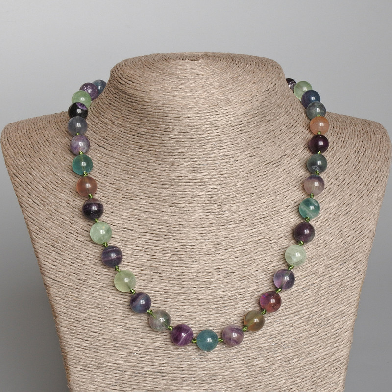 Fluorite Natural Stone Necklace, Smooth Bead, Diameter 10mm+-, Length 50cm+
